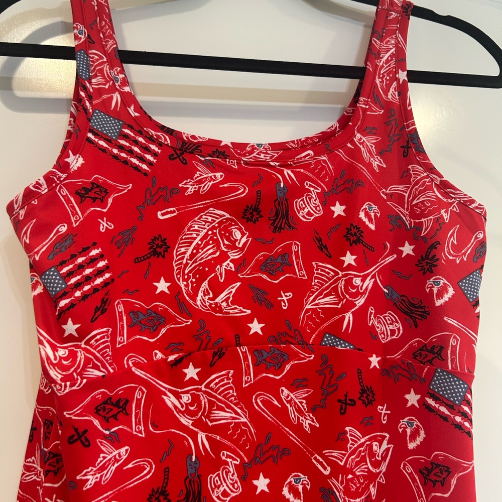 Columbia PFG Midway Bay Red Spark Americana Fish Print Omni-Wick Freeze Dress M - Picture 4 of 9